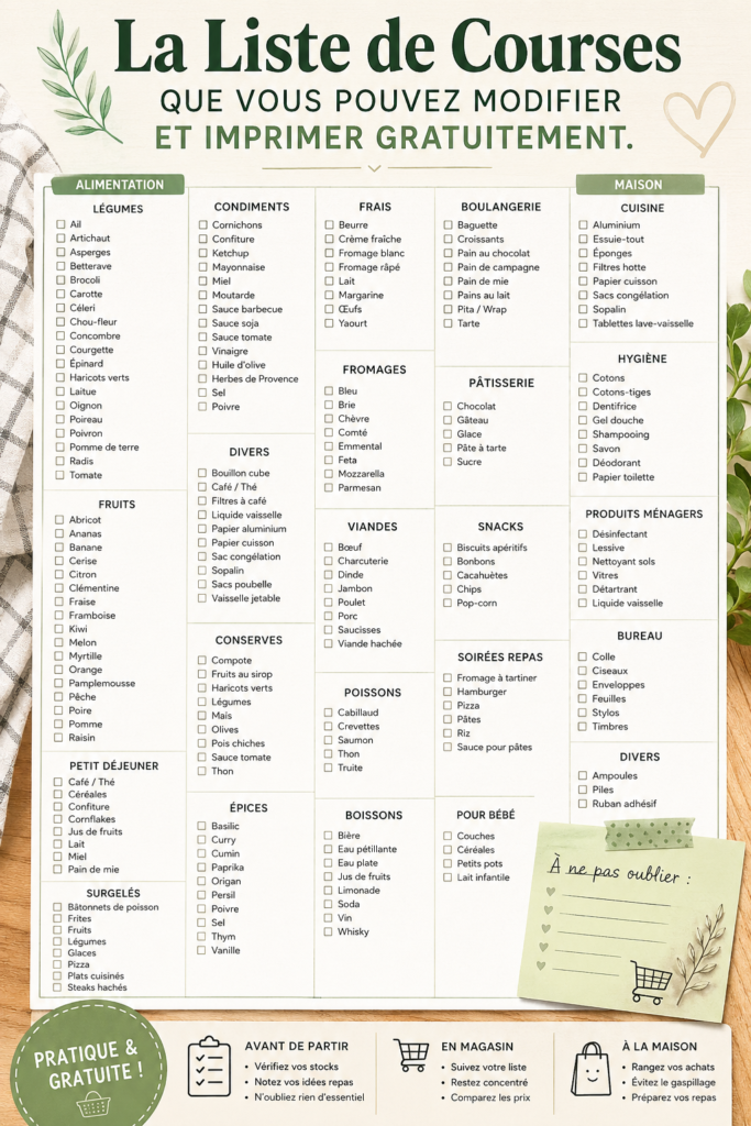 Modèle de liste de courses imprimable sur une table en bois