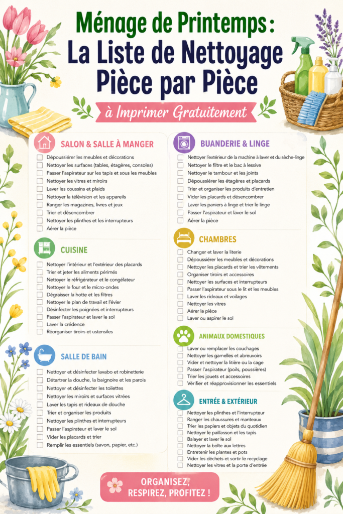 Liste de ménage de printemps à imprimer sur un bureau