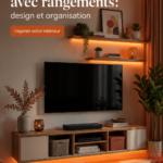 Meuble TV design en bois avec rangements intégrés dans un salon moderne.