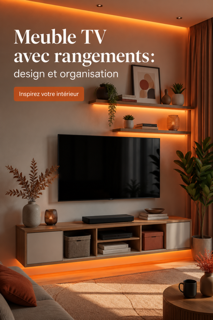 Meuble TV design en bois avec rangements intégrés dans un salon moderne.