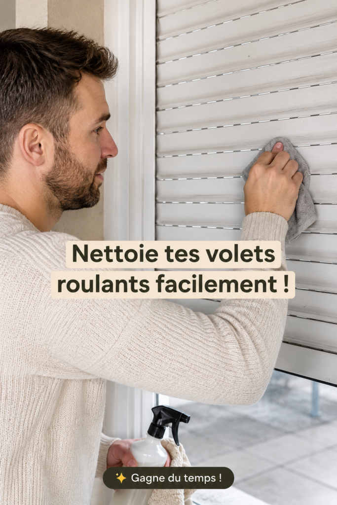 Une femme souriante nettoie des volets roulants en utilisant un chiffon et un spray.