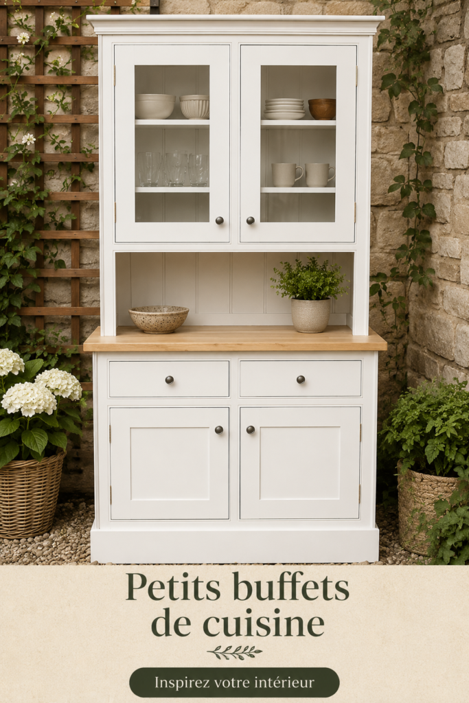 Petit buffet en bois dans une cuisine moderne, ajoutant une touche chaleureuse