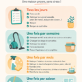 Une femme souriante, tenant un planning de ménage, dans un intérieur bien rangé.