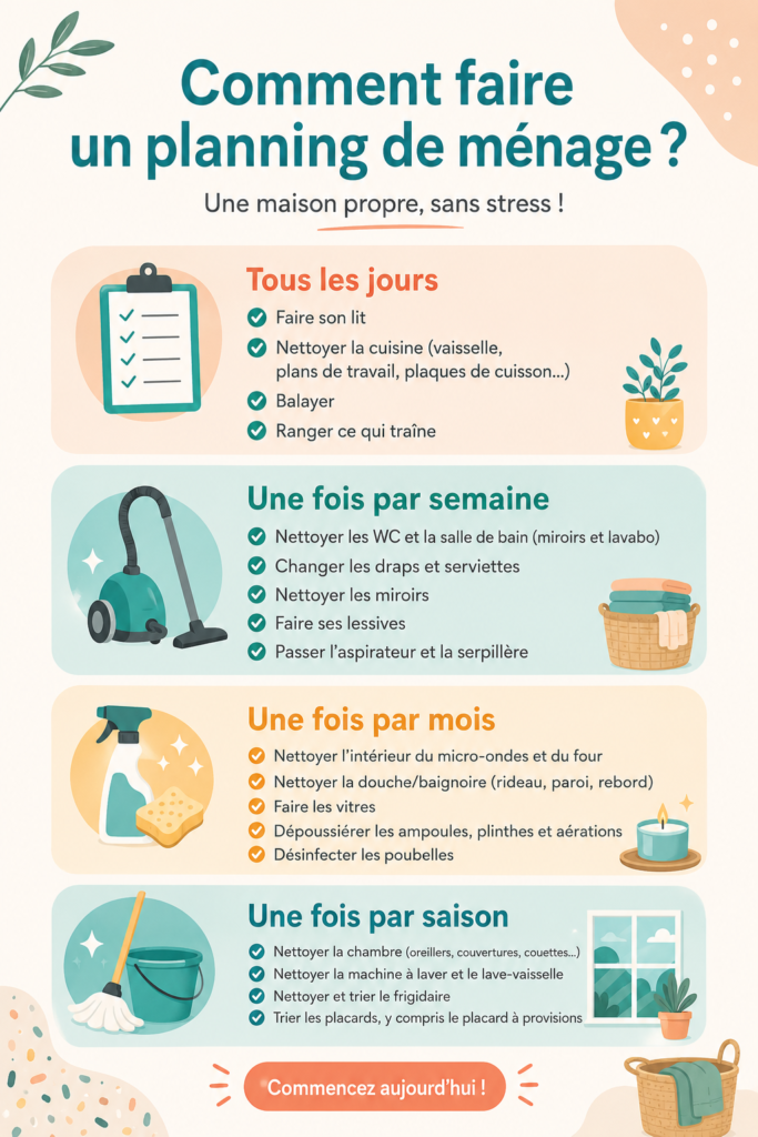 Une femme souriante, tenant un planning de ménage, dans un intérieur bien rangé.