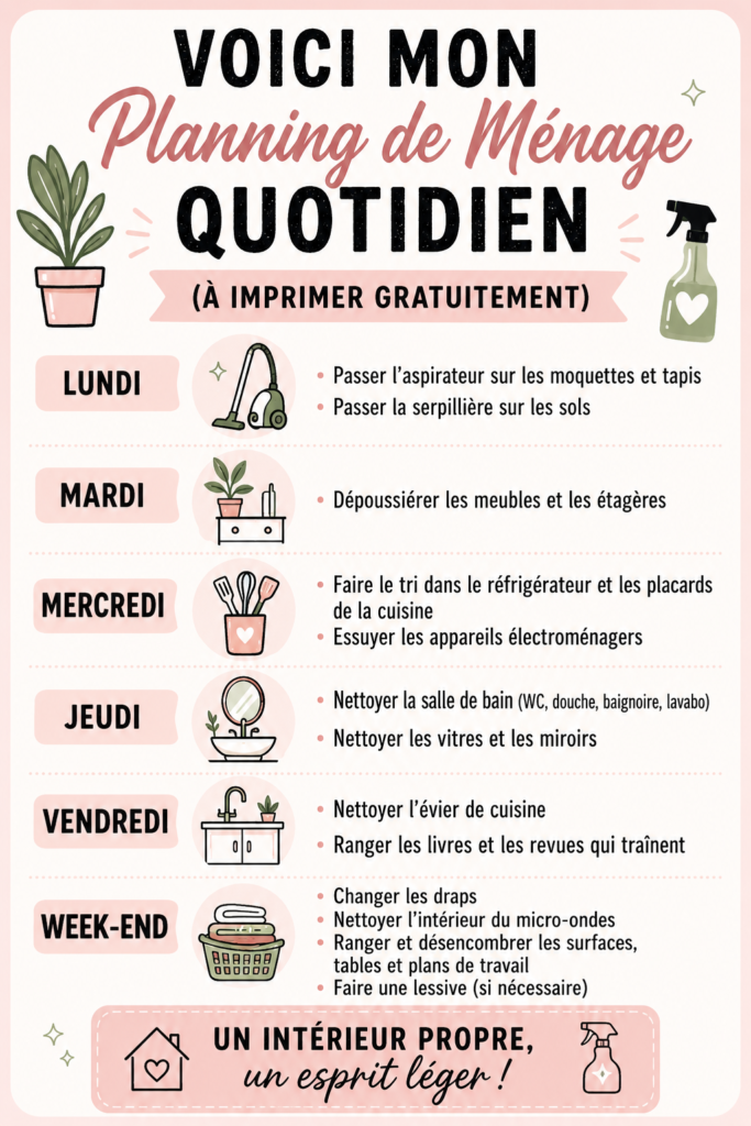 Planning de ménage imprimable avec des cases à cocher pour une routine quotidienne organisée
