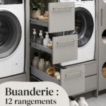 Une buanderie organisée avec des solutions de rangement pratiques et esthétiques.