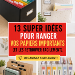Une femme souriante range ses papiers importants dans un classeur organisé.