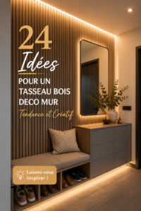 Tasseaux en bois décoratifs sur un mur, apportant chaleur et style à un intérieur moderne.