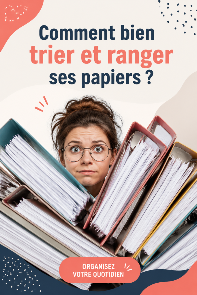 Femme organisant des papiers sur un bureau, avec des classeurs et des dossiers.