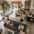 Aménagement d'un grand espace ouvert avec du mobilier convivial et des couleurs chaleureuses.