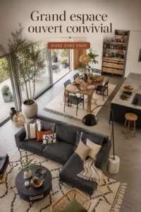 Aménagement d'un grand espace ouvert avec du mobilier convivial et des couleurs chaleureuses.
