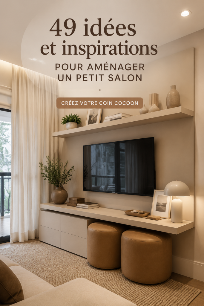 Un petit salon aménagé avec style et confort, incluant un canapé, des coussins et des décorations murales.