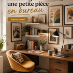 Petit bureau fonctionnel aménagé dans une pièce, avec une décoration chaleureuse.