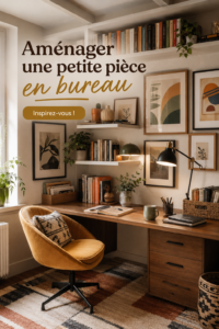 Petit bureau fonctionnel aménagé dans une pièce, avec une décoration chaleureuse.