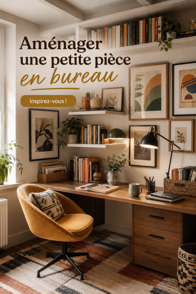 Petit bureau fonctionnel aménagé dans une pièce, avec une décoration chaleureuse.