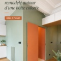 Un salon moderne avec des murs colorés et des décorations vibrantes.