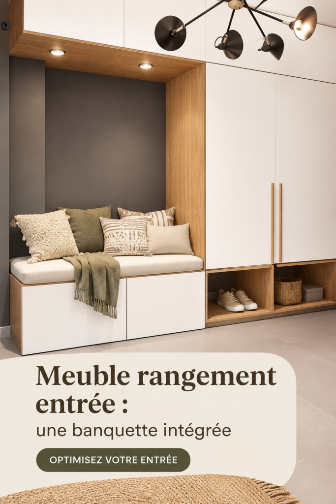 Banquette intégrée design dans une entrée moderne avec rangements.