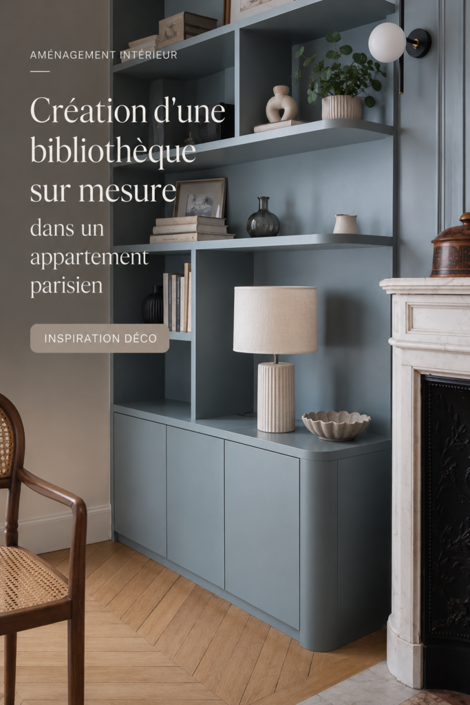 Bibliothèque sur mesure dans un appartement parisien, alliant style et fonctionnalité.