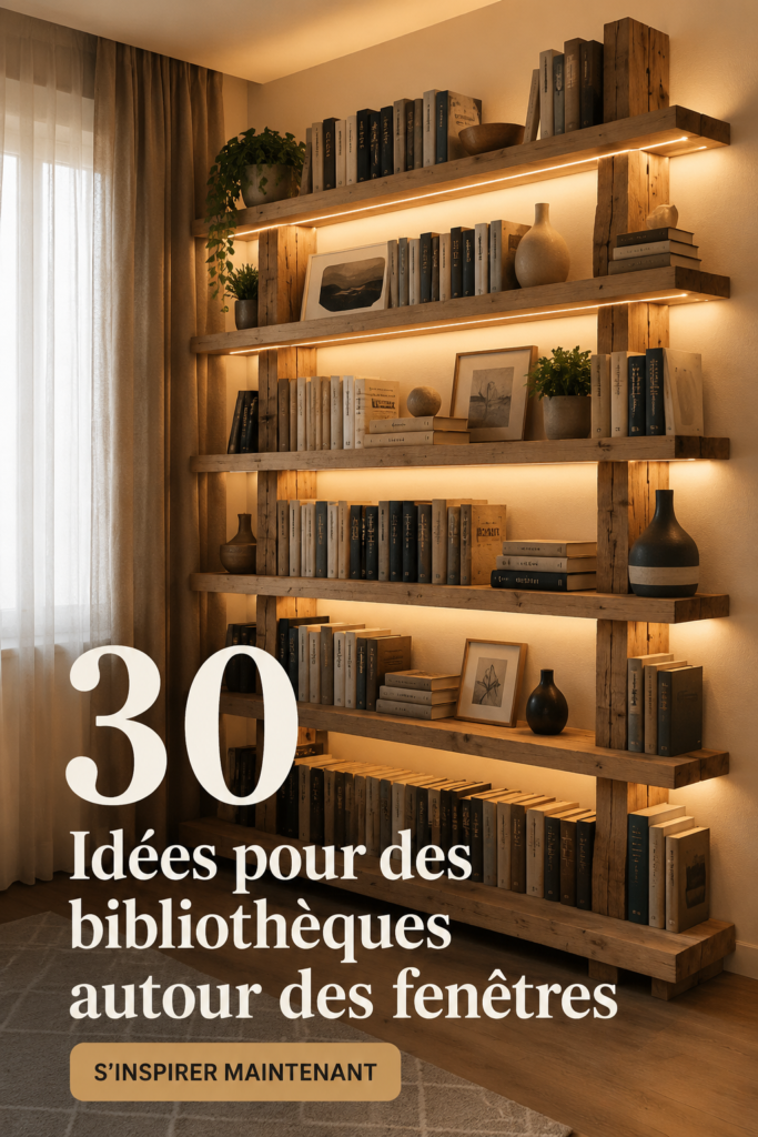 Bibliothèque moderne intégrée autour d'une fenêtre ensoleillée