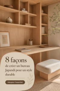 Bureau au style Japandi avec décoration en bois naturel et plantes