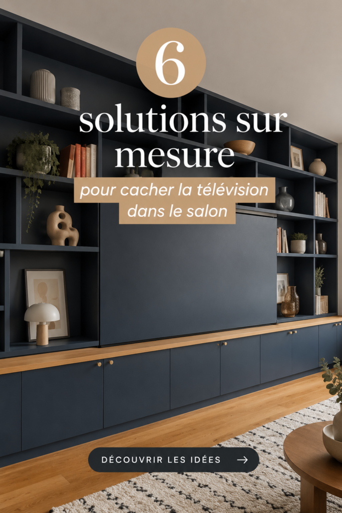 Salon élégant avec télévision cachée derrière un panneau en bois.