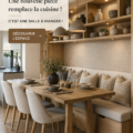 Coin salle à manger moderne et chaleureux avec banquette et table