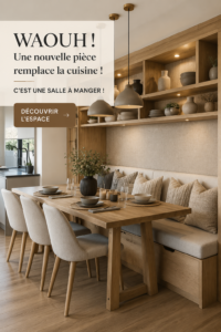 Coin salle à manger moderne et chaleureux avec banquette et table