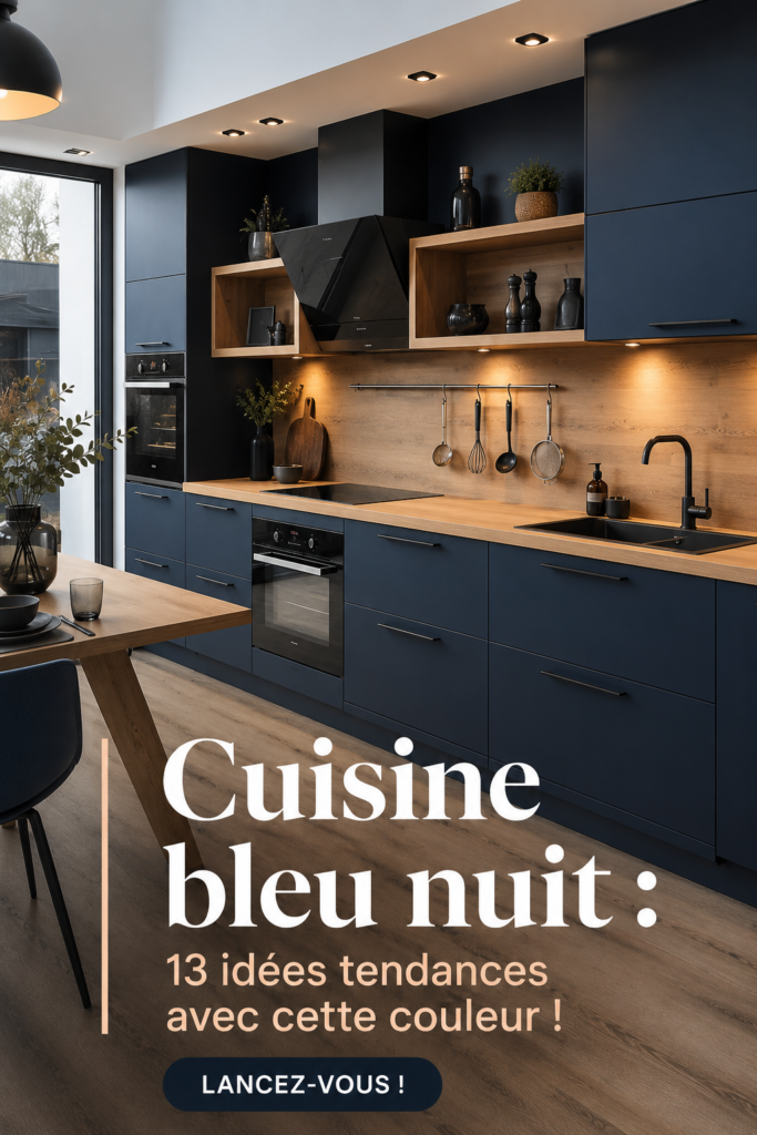 Cuisine moderne avec des meubles bleu nuit et des accents dorés.