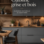 Cuisine moderne avec des éléments gris et bois, créant une ambiance chaleureuse.