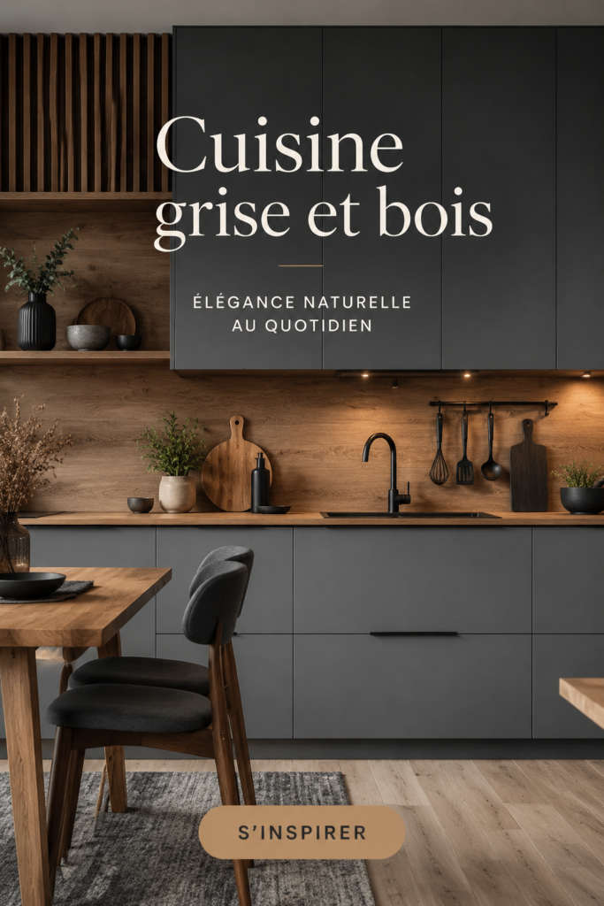 Cuisine moderne avec des éléments gris et bois, créant une ambiance chaleureuse.