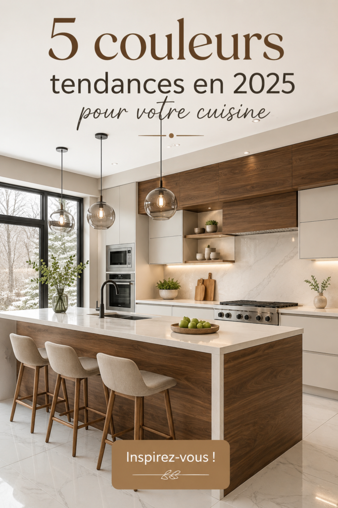 Un aperçu d'une cuisine moderne avec des couleurs tendances de 2025.