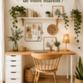 Un bureau décoré de manière chaleureuse et pratique avec des plantes et un éclairage doux.