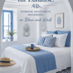 Intérieur stylisé évoquant l'île de Santorin avec des couleurs bleu et blanc.
