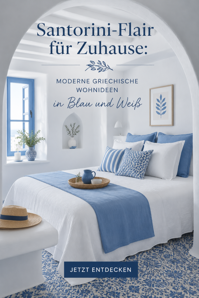 Intérieur stylisé évoquant l'île de Santorin avec des couleurs bleu et blanc.
