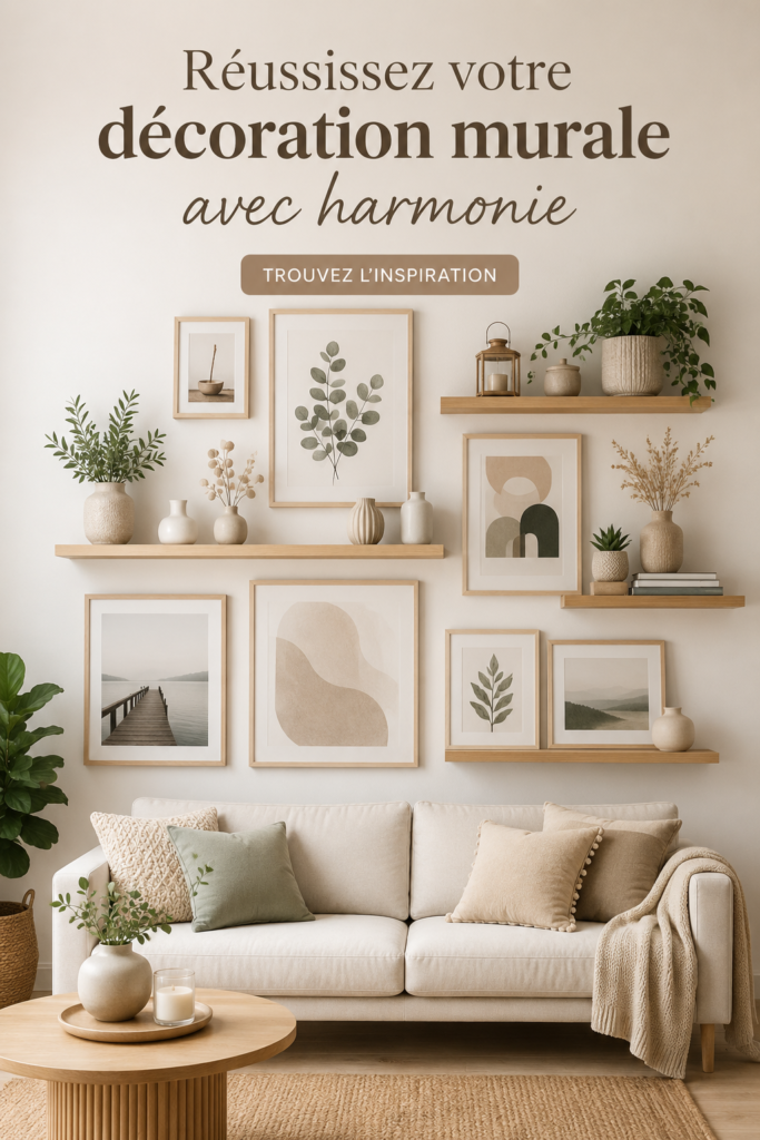Un salon avec une décoration murale harmonieuse, intégrant des tableaux et des couleurs douces.