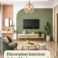 Salon moderne avec une peinture murale inspirante et une arche décorative.