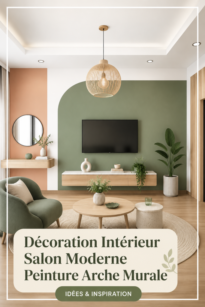 Salon moderne avec une peinture murale inspirante et une arche décorative.
