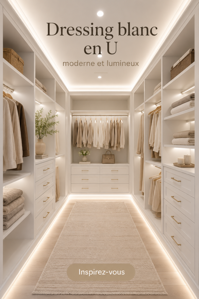 Dressing moderne blanc en U agencé avec des espaces de rangement optimisés.