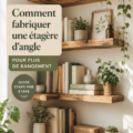 Une étagère d'angle moderne en bois, optimisant l'espace dans une pièce chaleureuse.