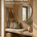 Une entrée moderne et décorée avec goût, avec des couleurs chaudes et des meubles fonctionnels.