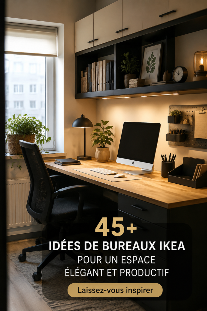 Aménagement d'un bureau élégant avec des meubles IKEA, espace lumineux et inspirant.