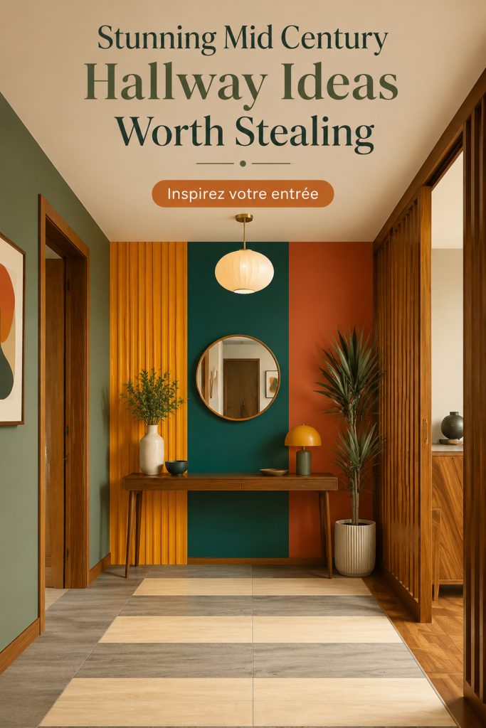 Un couloir moderne décoré avec des éléments mid-century et des couleurs chaudes