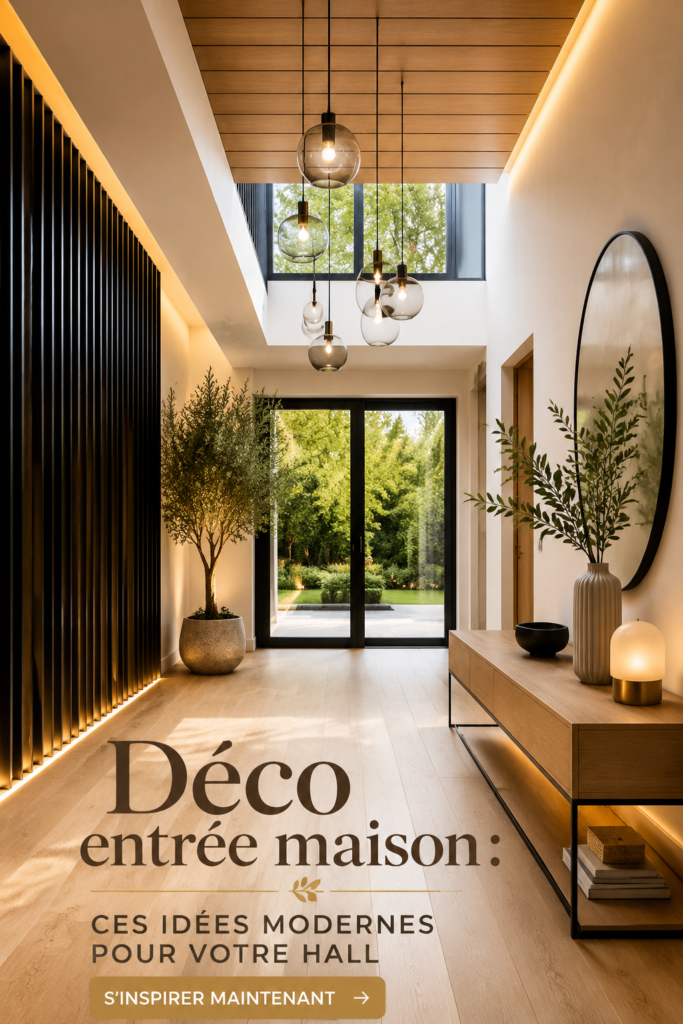 Une entrée moderne et chaleureuse avec des éléments décoratifs en harmonie.