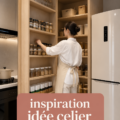 Un cellier bien aménagé avec des étagères en bois et une décoration harmonieuse.