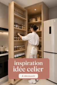 Un cellier bien aménagé avec des étagères en bois et une décoration harmonieuse.