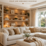 Un salon moderne décoré dans des tons neutres, mettant en avant des matériaux chaleureux et confortables.