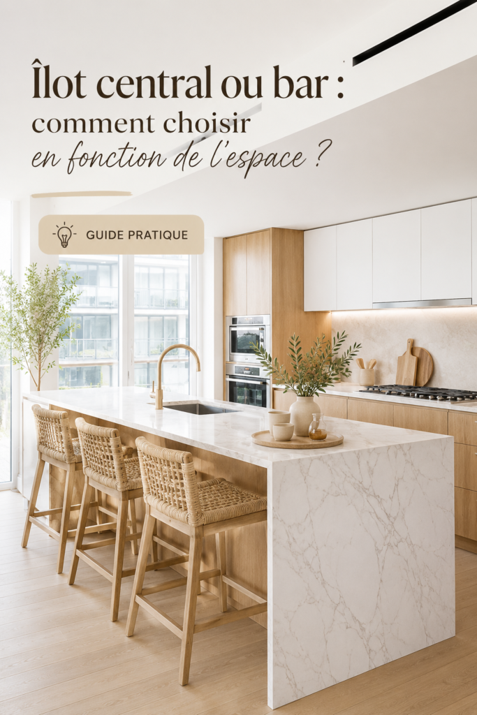 Cuisine moderne avec un îlot central en bois et un bar assorti.