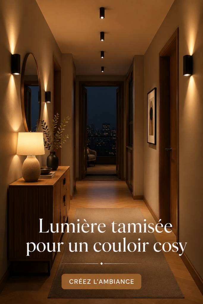 Couloir avec une lumière tamisée créant une ambiance cosy