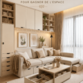 Meubles multifonctionnels dans un intérieur moderne et chaleureux, optimisant l'espace