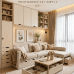 Meubles multifonctionnels dans un intérieur moderne et chaleureux, optimisant l'espace